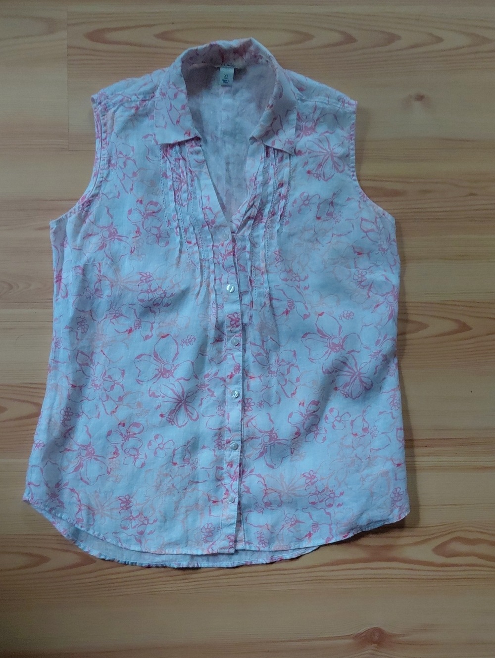 L.L. Bean 100% Linen Button-Down Top with Pink Floral Print